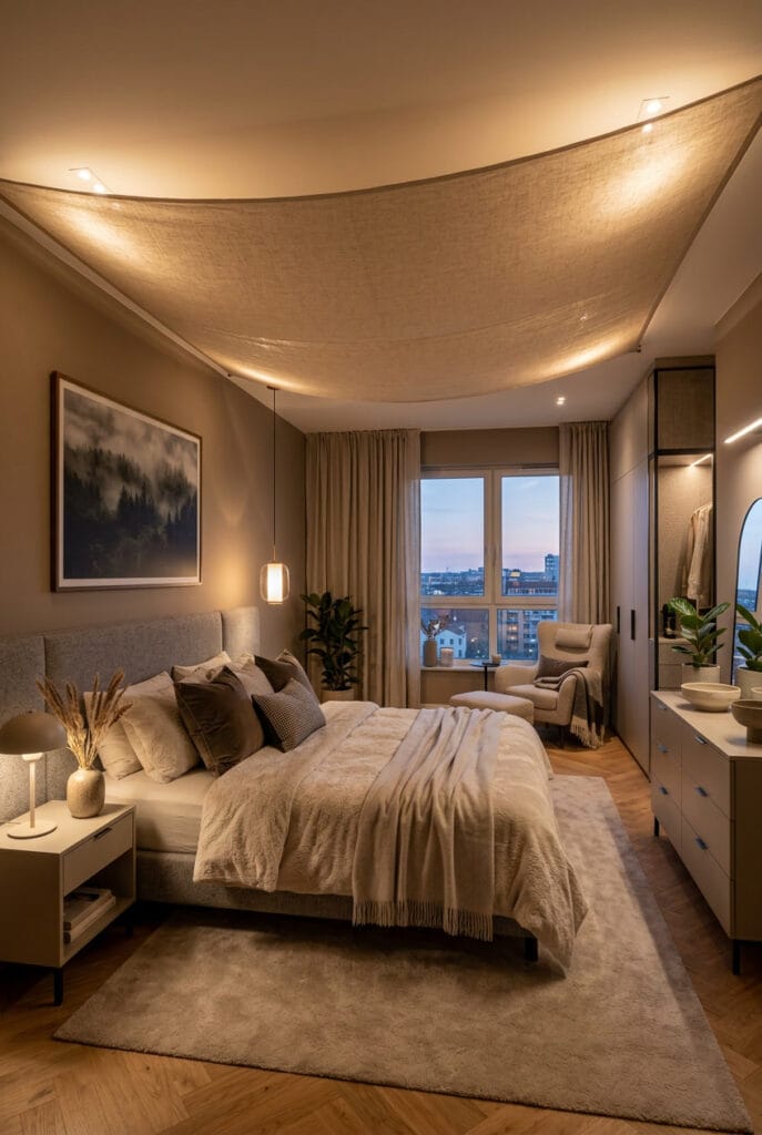 Plafond tendu en tissu lin d'une chambre parentale cosy