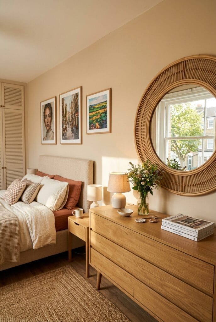 Miroir rond en rotin au-dessus de la commode d'une chambre parentale cosy