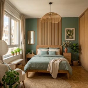 Chambre adulte couleur vert naturel avec ambiance zen et déco végétale