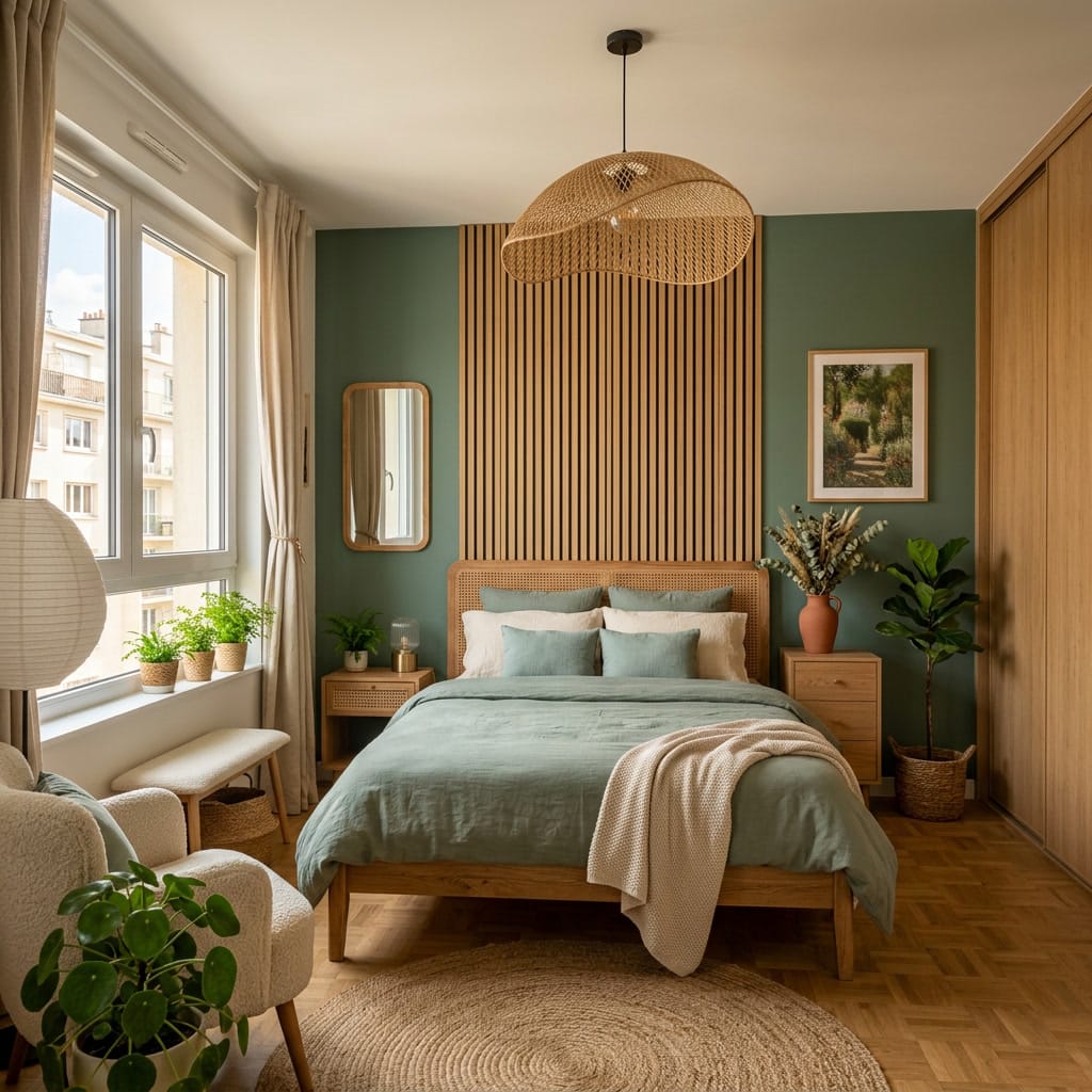 Chambre adulte couleur vert naturel avec ambiance zen et déco végétale