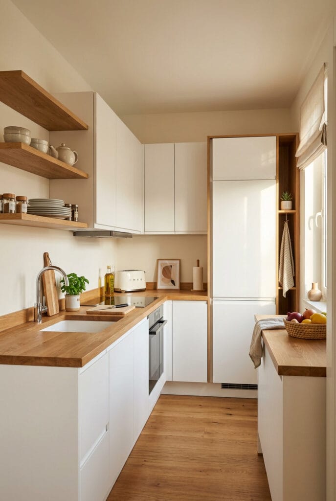 Dosage équilibré entre blanc et bois dans une cuisine cosy