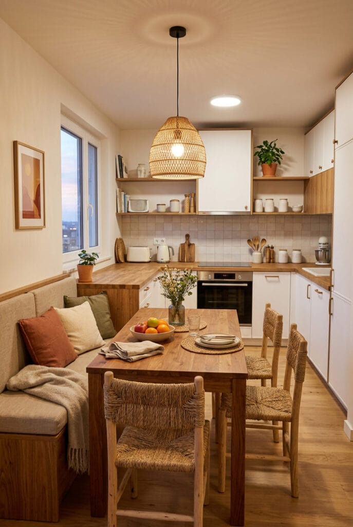 Coin repas convivial dans une cuisine blanche et bois