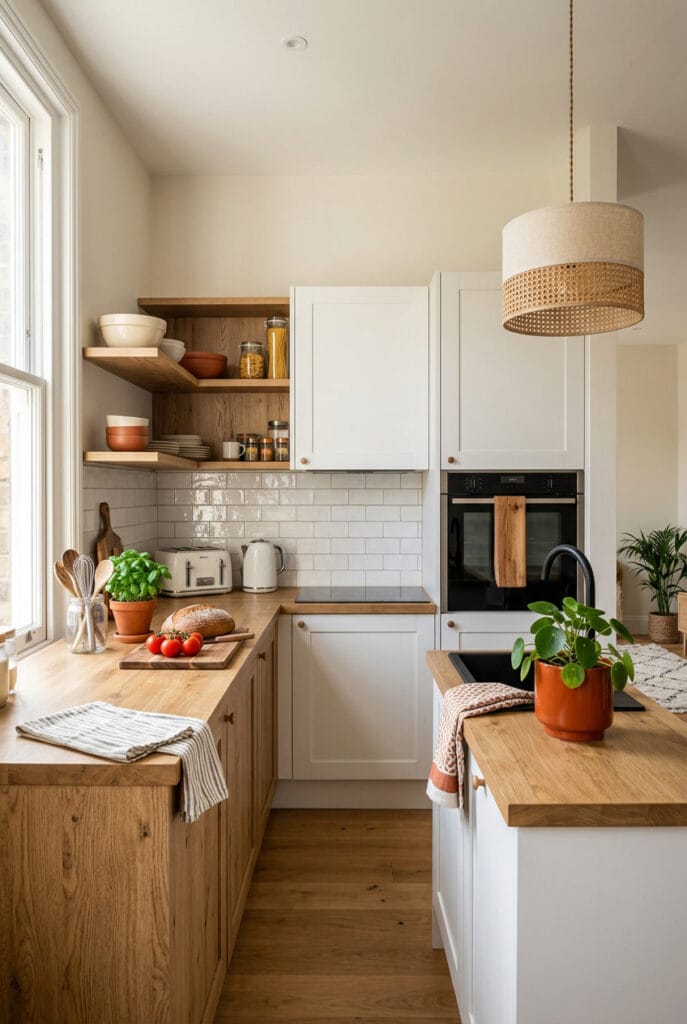 Mélange de textures mates et brillantes dans une cuisine blanche et bois