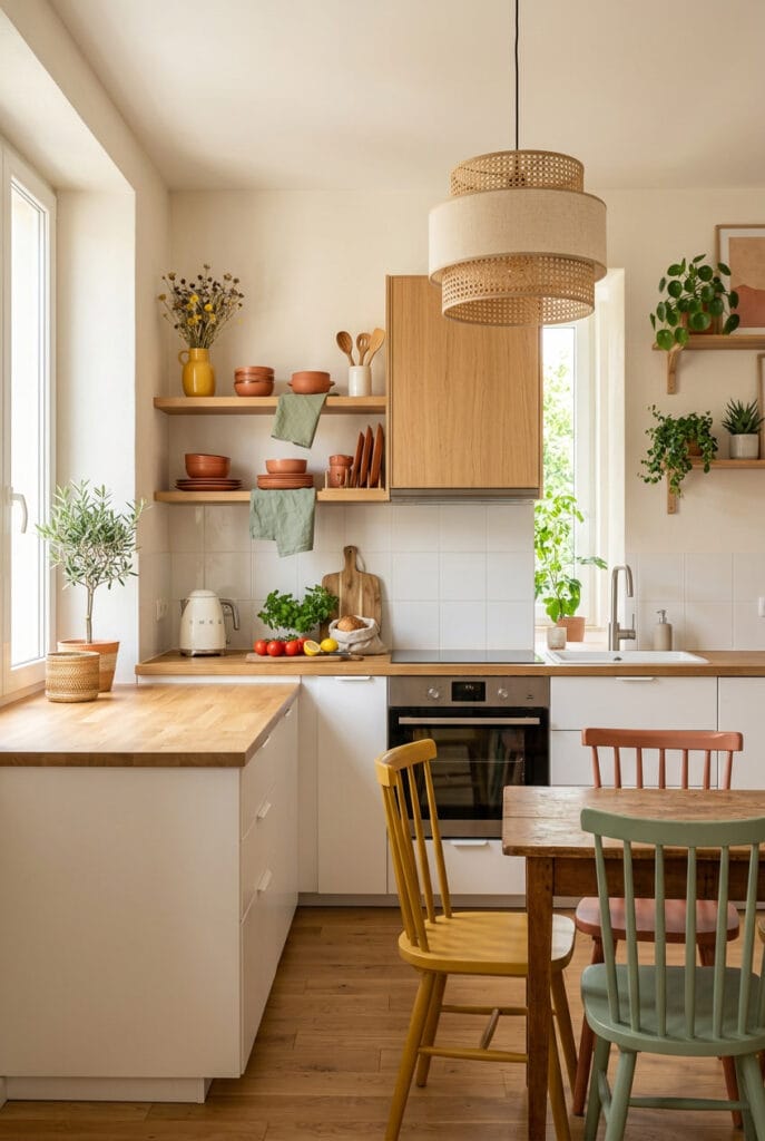 Touches de couleur terracotta et vert sauge dans une cuisine blanche et bois