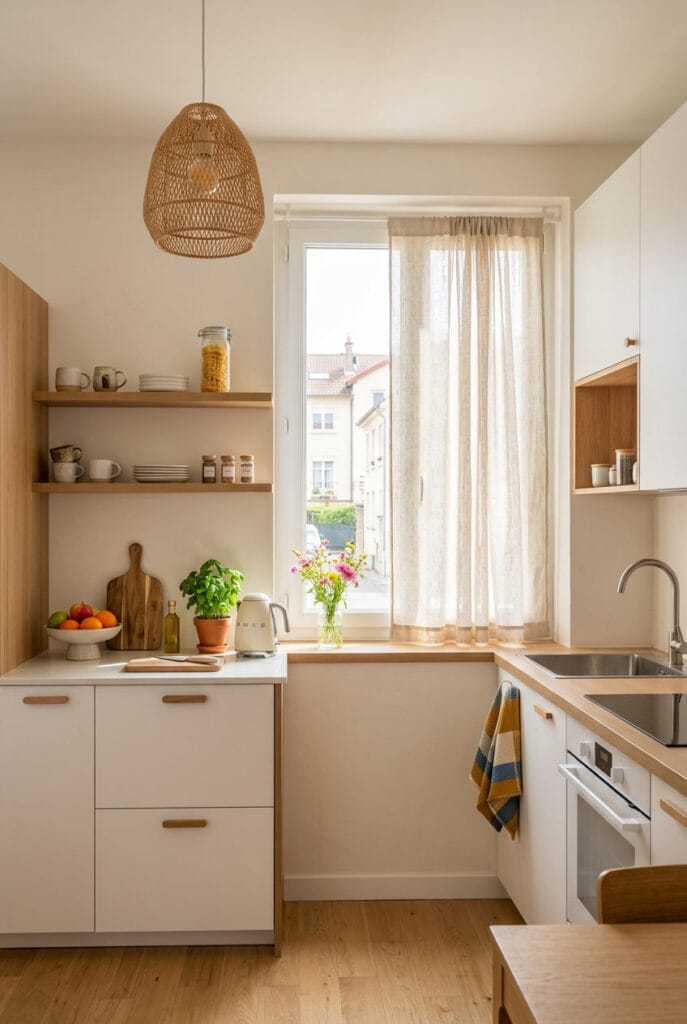 Fenêtre habillée d'un voilage en lin dans une cuisine blanche et bois