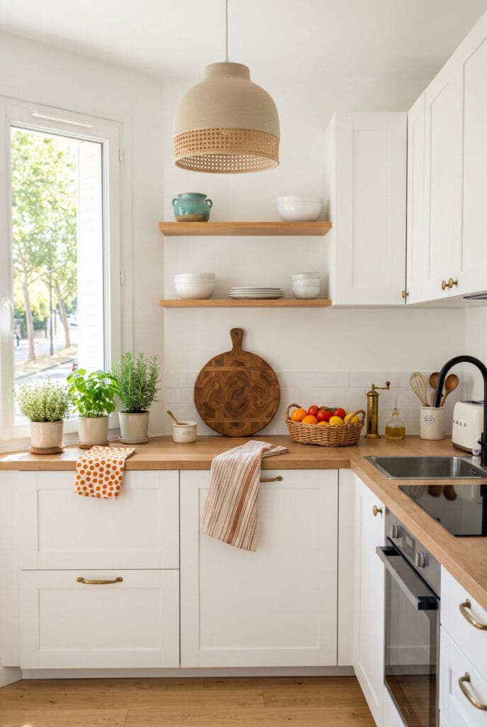Petits détails déco dans une cuisine blanche et bois