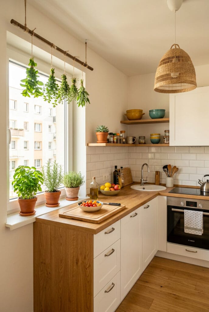 Plantes et verdure dans une cuisine blanche et bois