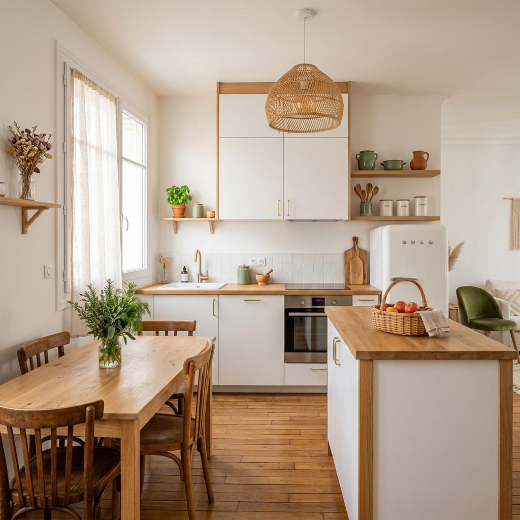 Cuisine blanche et bois cosy avec touches naturelles et chaleureuses