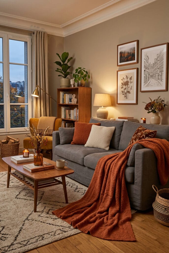 Plaid en laine bouclée camel déposé en cascade sur un canapé, idée deco automne cosy