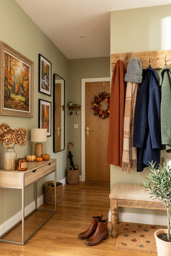 Porte-manteau en bois brut avec écharpes et bonnets, idée deco automne pratique et chaleureuse