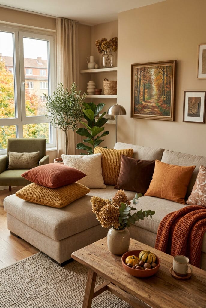Coussins en velours côtelé et bouclette, tons terracotta et moutarde, idée deco automne cosy
