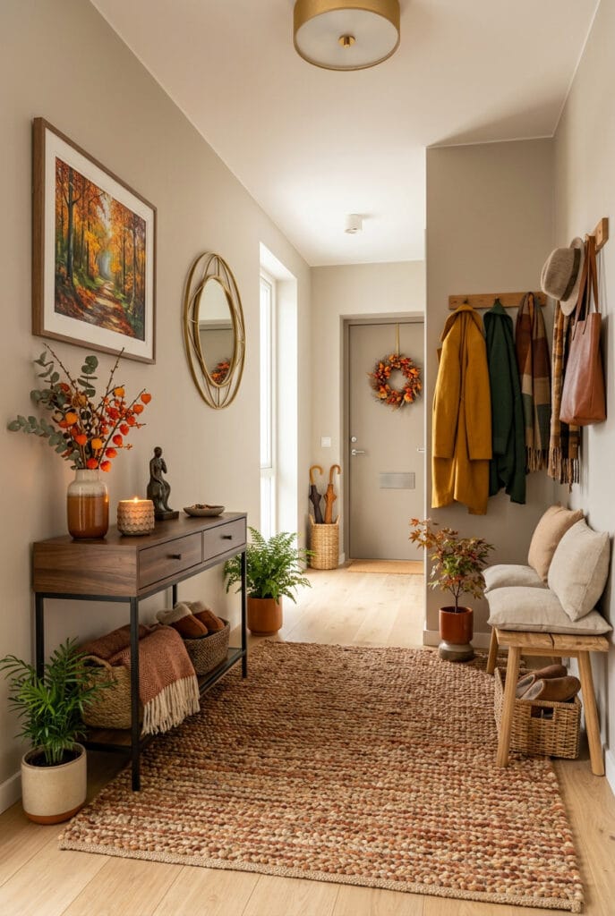 Tapis en jute et laine épaisse dans l'entrée, idée deco automne cosy et chaleureuse