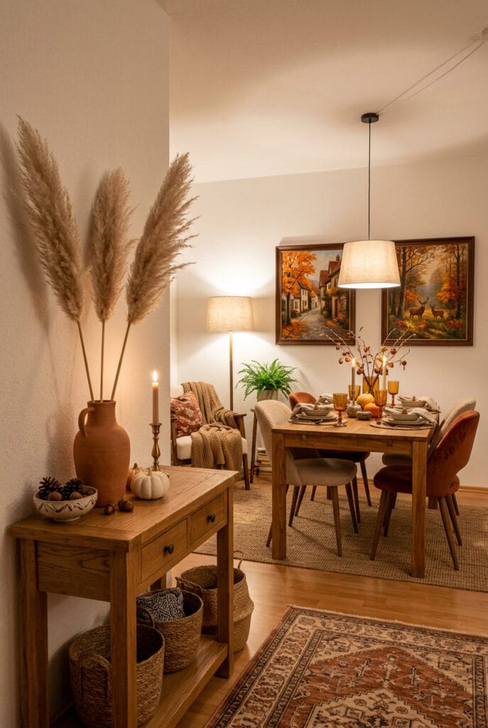 Brins de pampas dans un vase en céramique brute sur une console, idée deco automne naturelle