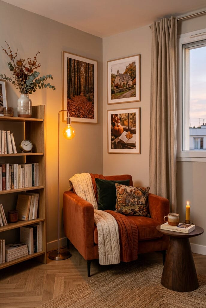 Lampe à ampoule ambrée près d'un fauteuil de lecture, idée deco automne cosy et dorée
