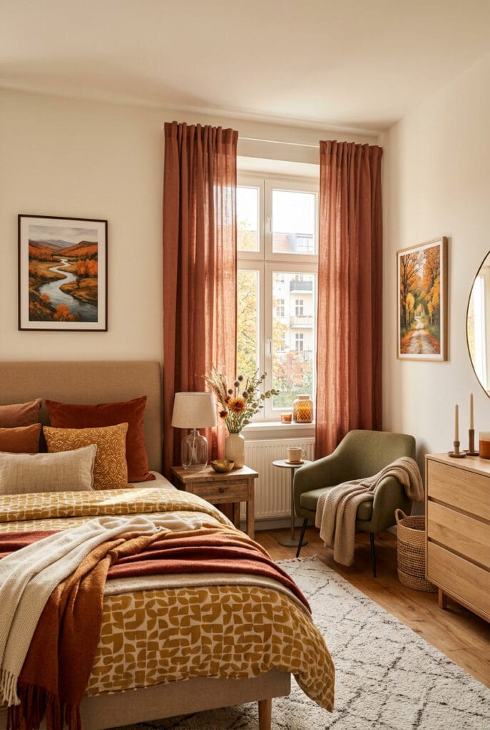 Rideaux en lin épais teinte rouille et terracotta, idée deco automne chaleureuse