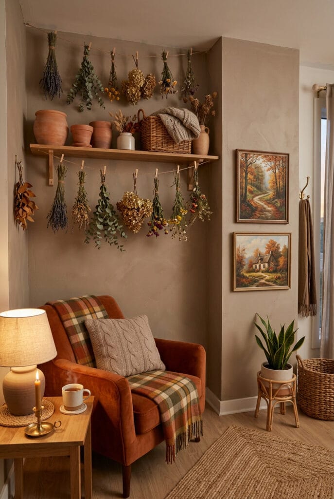 Étagère avec eucalyptus séché et pots en terre cuite, idée deco automne cocooning
