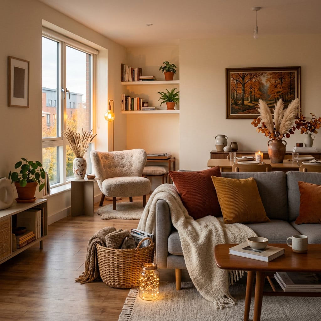 Salon cosy avec idées deco automne, coin lecture et salle à manger chaleureuse