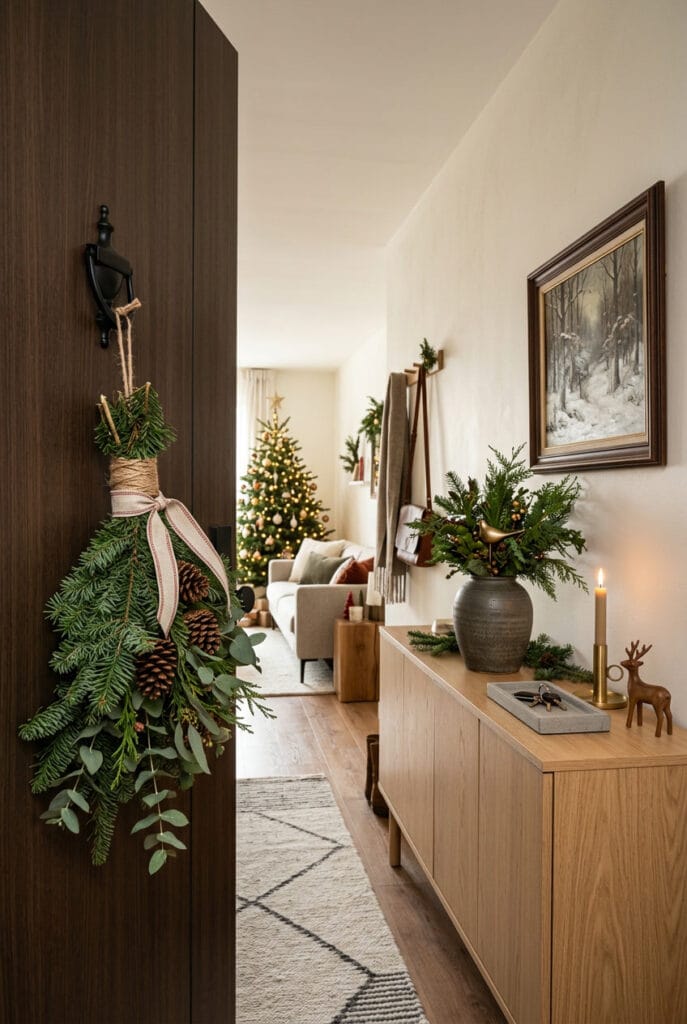 Bouquet de branches de sapin et ficelle jute pour une déco de Noël cosy à l'entrée
