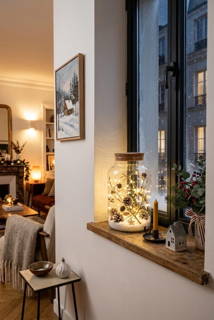 Bocal en verre avec guirlande lumineuse et pommes de pin pour une déco de Noël cosy