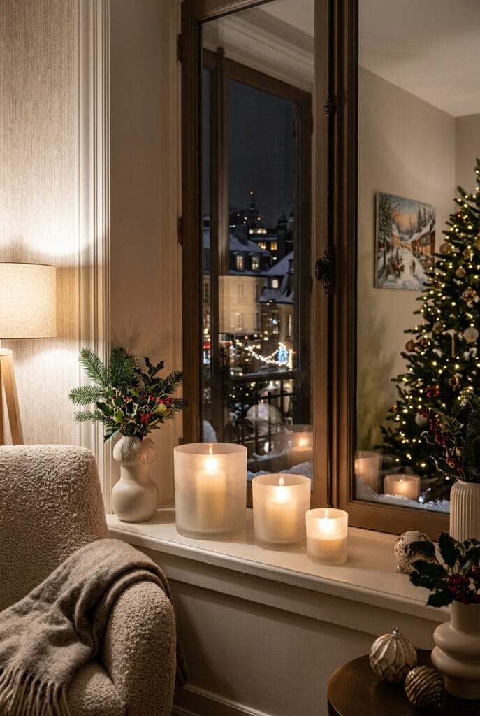 Photophores en verre dépoli sur un rebord de fenêtre pour une déco de Noël cosy