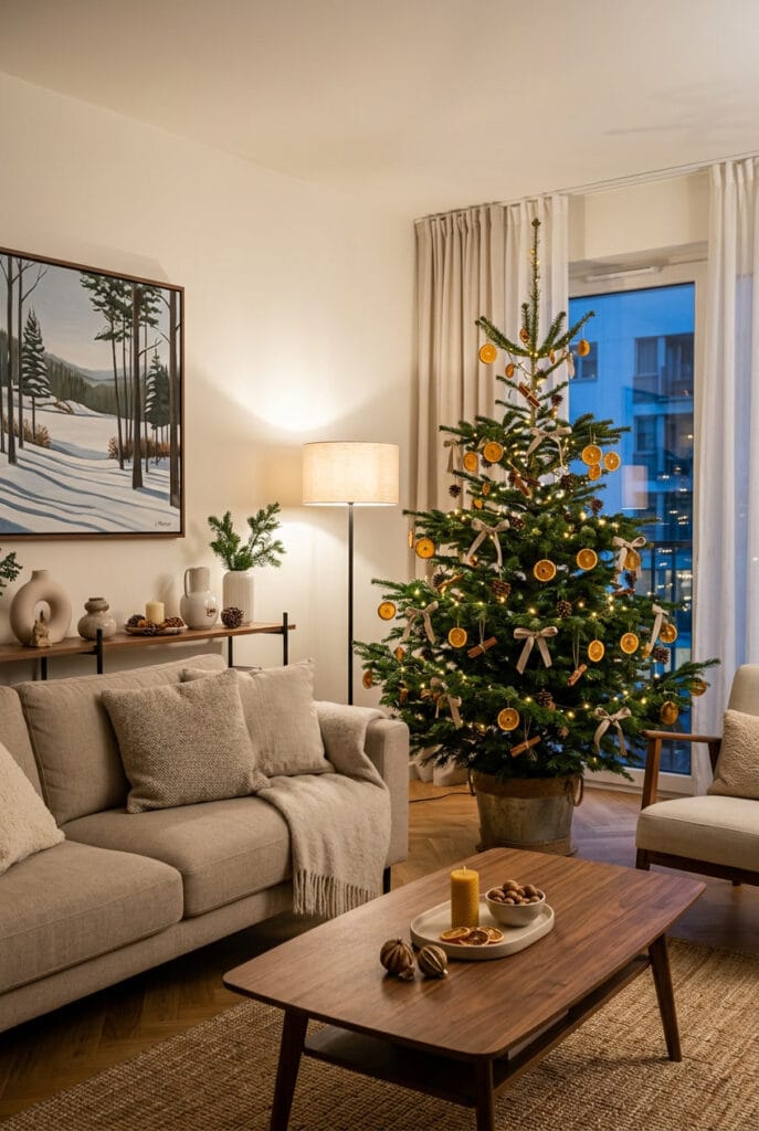Sapin de Noël décoré d'oranges séchées et de cannelle pour une déco de Noël cosy et naturelle