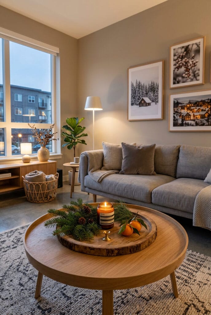 Plateau en bois brut avec bougie et mandarines pour une déco de Noël cosy sur table basse