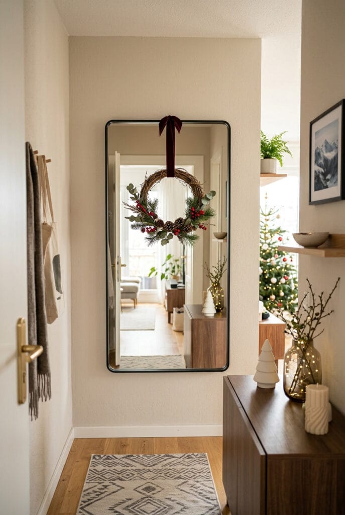 Couronne de branchages et baies rouges sur un miroir pour une déco de Noël cosy à l'entrée