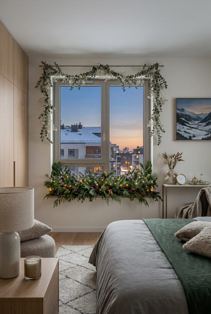 Guirlande d'eucalyptus séché et gypsophile sur une corniche pour une déco de Noël cosy