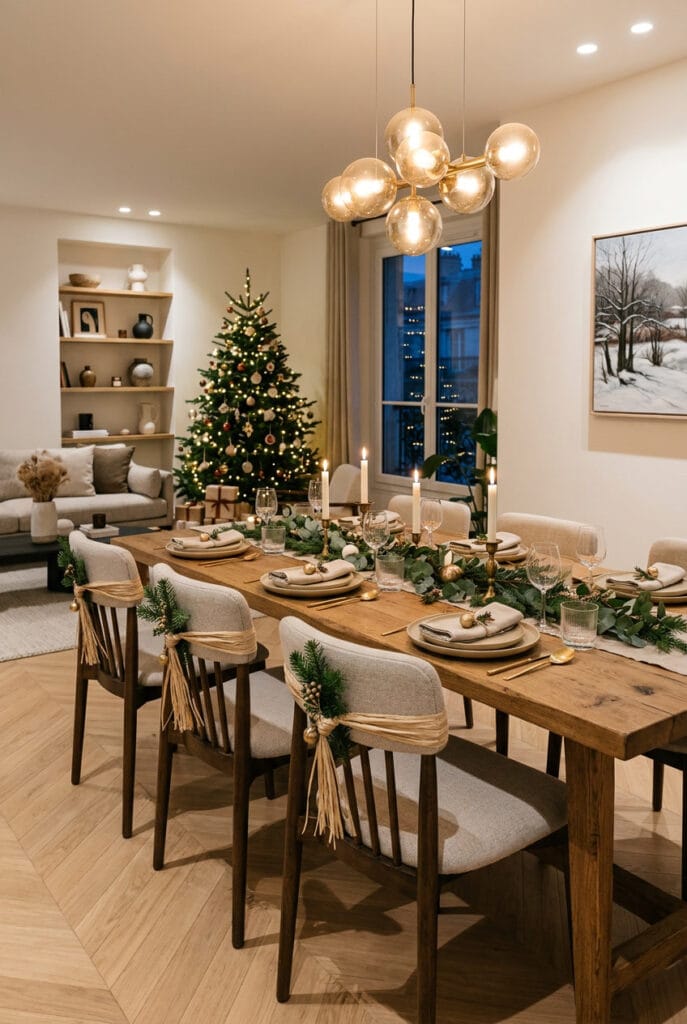 Chaises nouées de raphia et brin de sapin pour une déco de Noël cosy à table