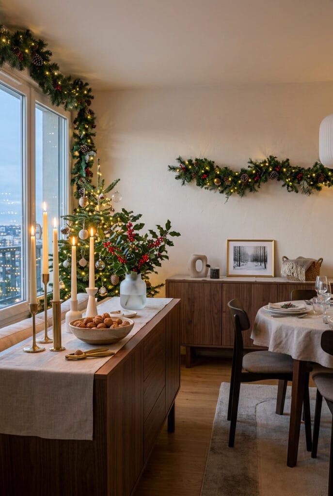 Buffet décoré de bougies, noix et branches de houx pour une déco de Noël cosy