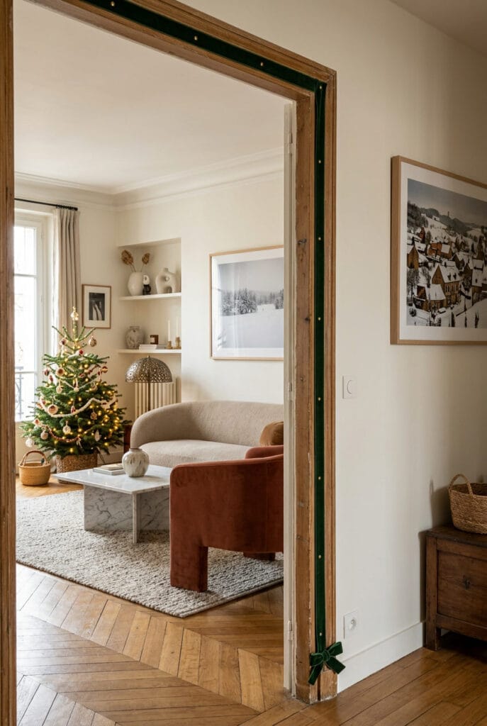 Ruban de velours bordeaux sur un chambranle de porte pour une déco de Noël cosy