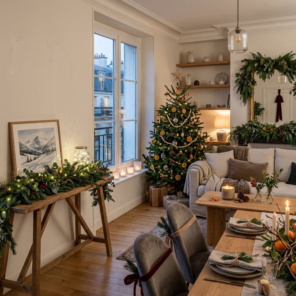 Déco de Noël cosy pour un intérieur chaleureux avec bougies, branches de sapin et matières naturelles