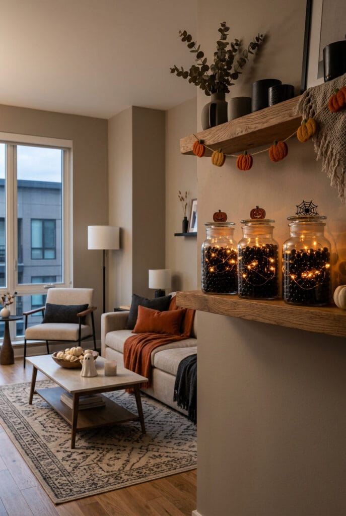 Deco halloween cosy avec des bocaux lumineux en verre alignés sur une étagère