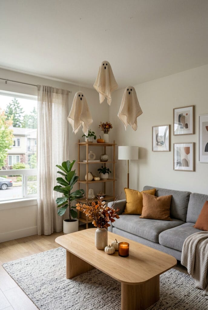 Deco halloween cosy avec des fantômes en gaze suspendus au-dessus d'une table basse
