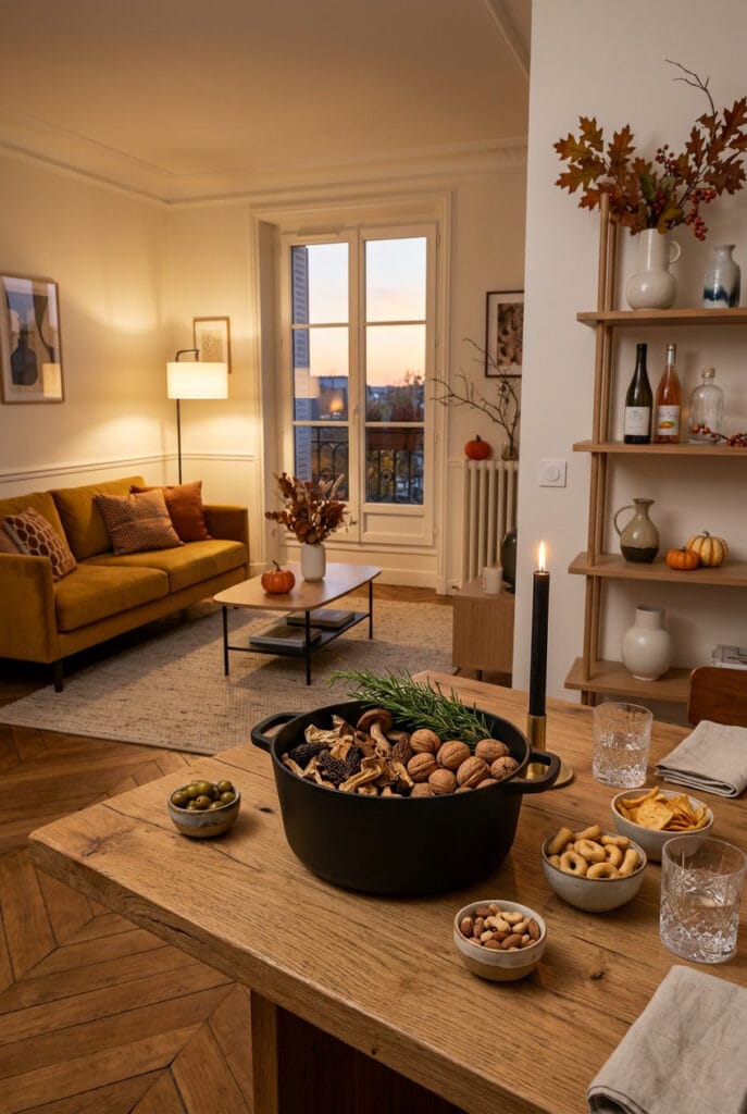 Deco halloween cosy avec un plateau à apéro façon chaudron en fonte noire