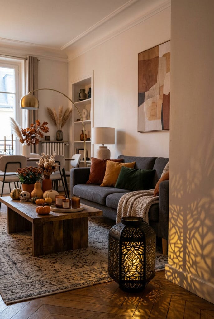 Deco halloween cosy avec une lanterne noire ajourée projetant des ombres au sol
