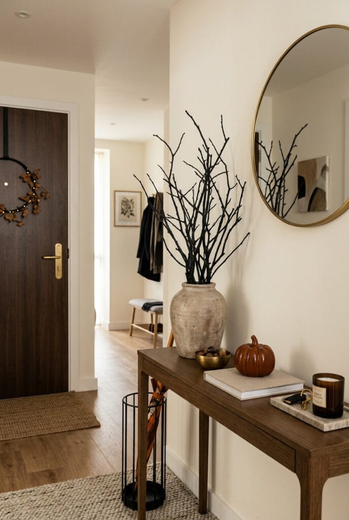 Deco halloween cosy avec des branches noires dans un vase en céramique brute