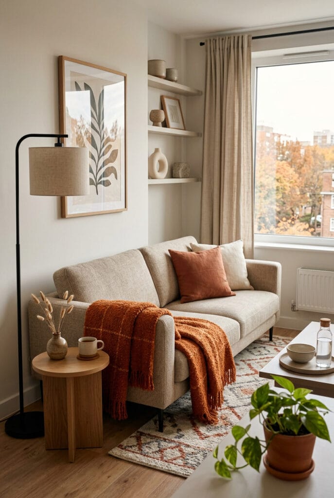 Deco halloween cosy avec un plaid orange brûlé posé sur un canapé