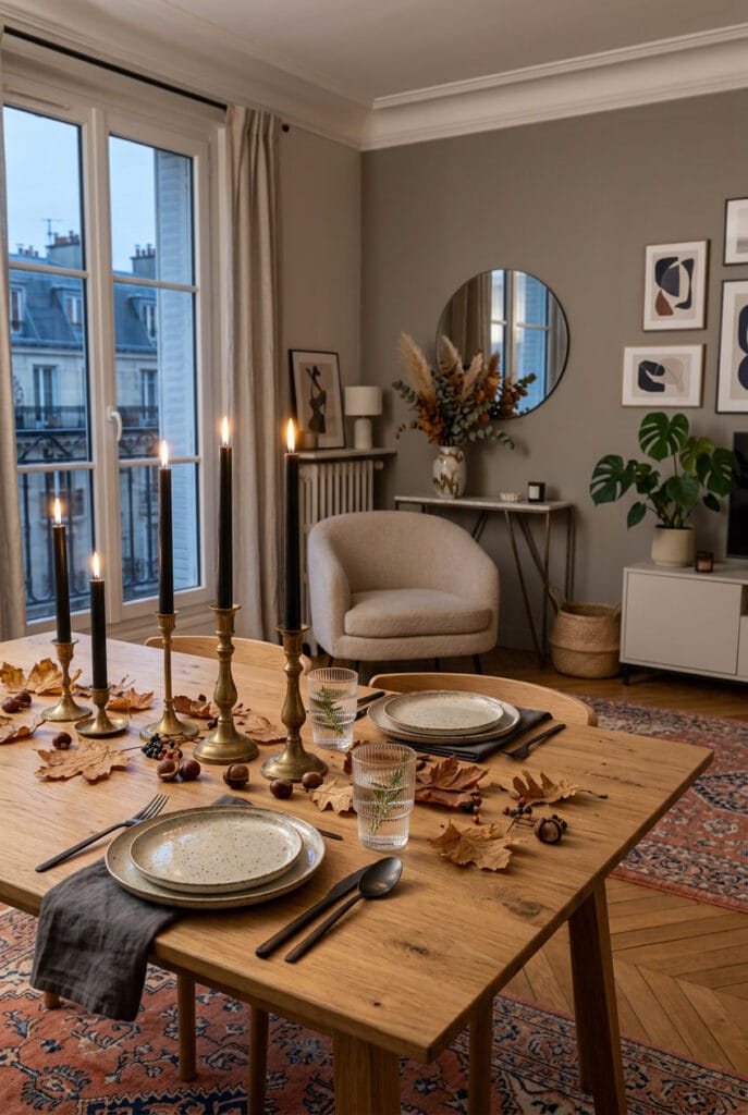 Deco halloween cosy avec une table dressée en dîner d'ombres et bougies noires