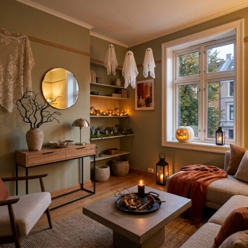 Deco halloween cosy dans un salon chaleureux avec bougies, citrouilles et ambiance tamisée