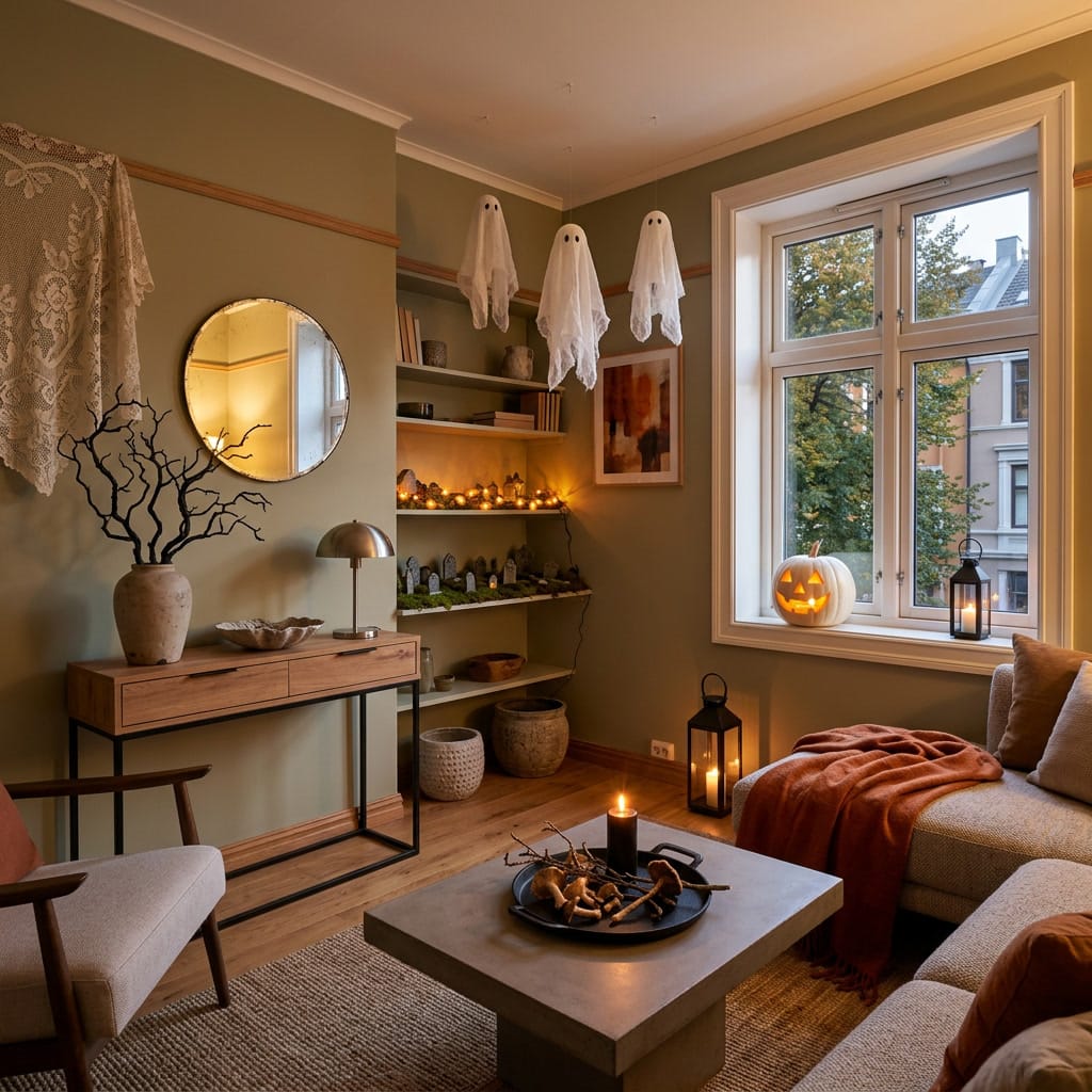 Deco halloween cosy dans un salon chaleureux avec bougies, citrouilles et ambiance tamisée