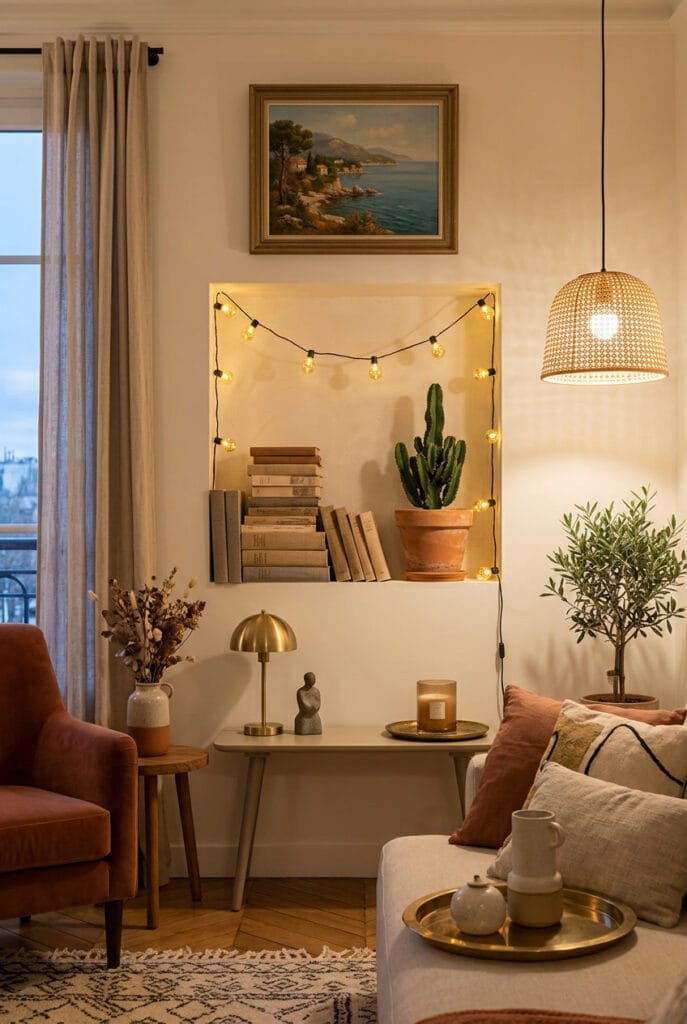 Décoration intérieure cosy avec guirlande lumineuse, livres empilés et cactus en pot