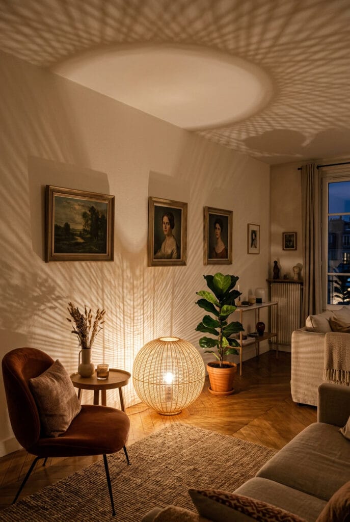 Décoration intérieure cosy avec lampe en rotin projetant des ombres sur le mur