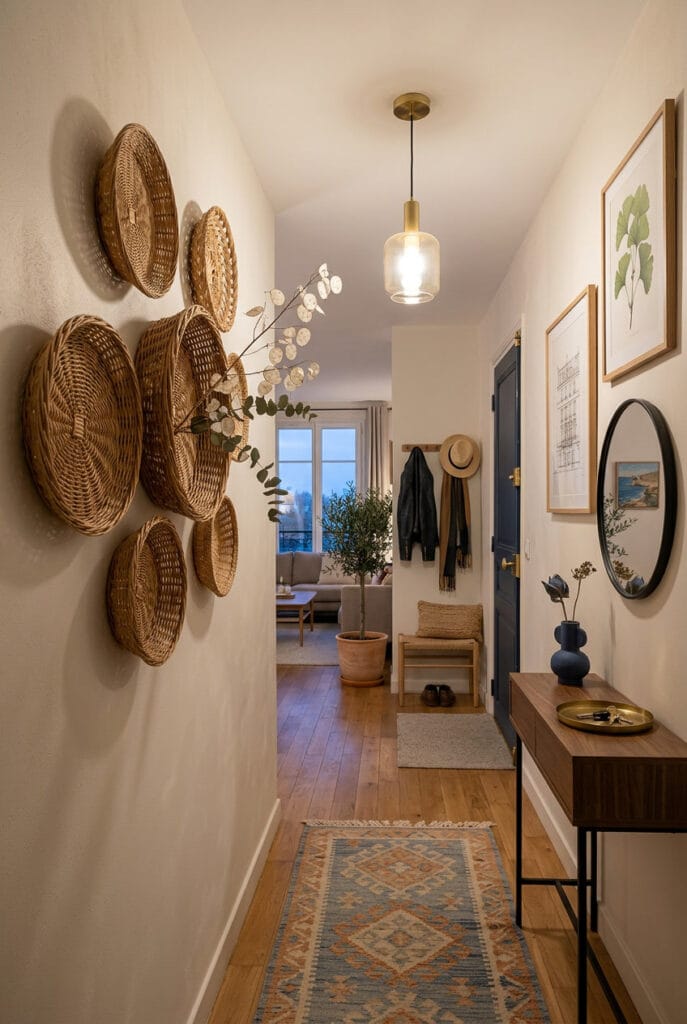 Décoration intérieure cosy avec paniers en osier accrochés au mur