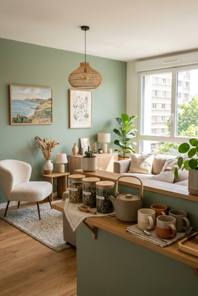 Décoration intérieure cosy avec bocaux de tisanes, théière en grès et tasses dépareillées