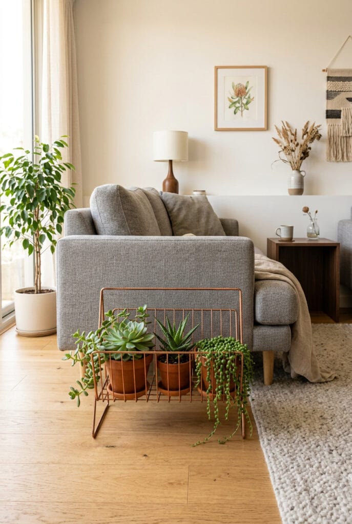 Décoration intérieure cosy avec plantes grasses dans un porte-revues métallique