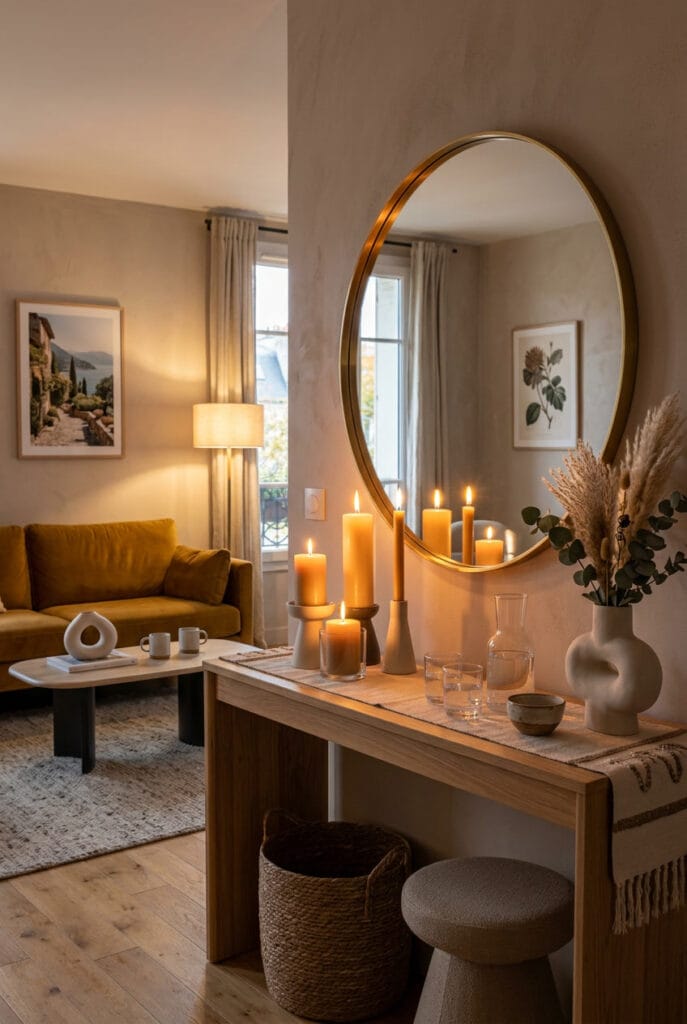 Décoration intérieure cosy avec bougies reflétées dans un miroir rond
