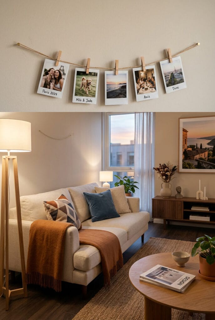 Décoration intérieure cosy avec polaroïds suspendus sur fil de jute