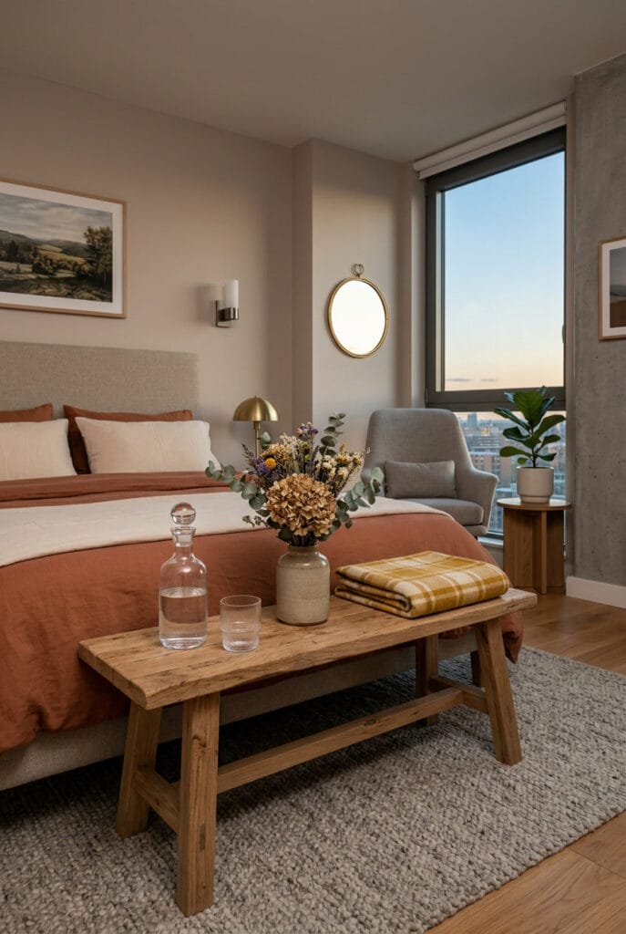 Décoration intérieure cosy avec banc en bois, carafe d'eau et fleurs séchées