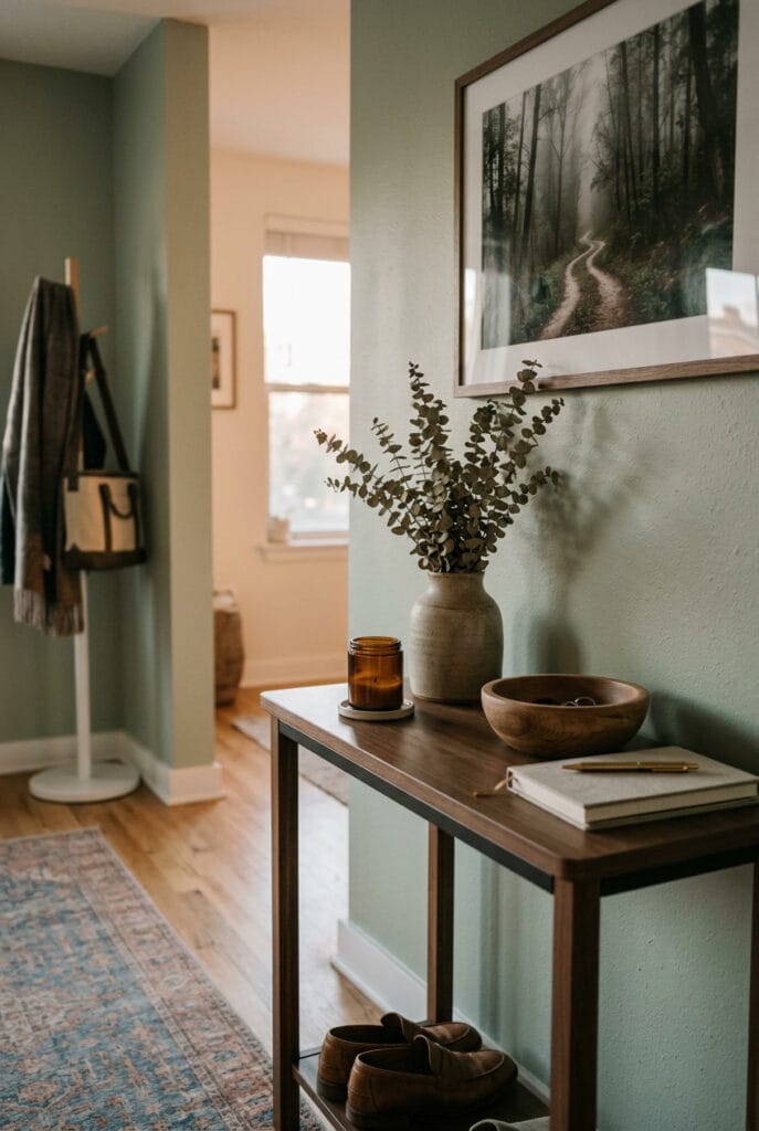 Décoration intérieure cosy avec vase en céramique, bougie parfumée et coupelle en bois